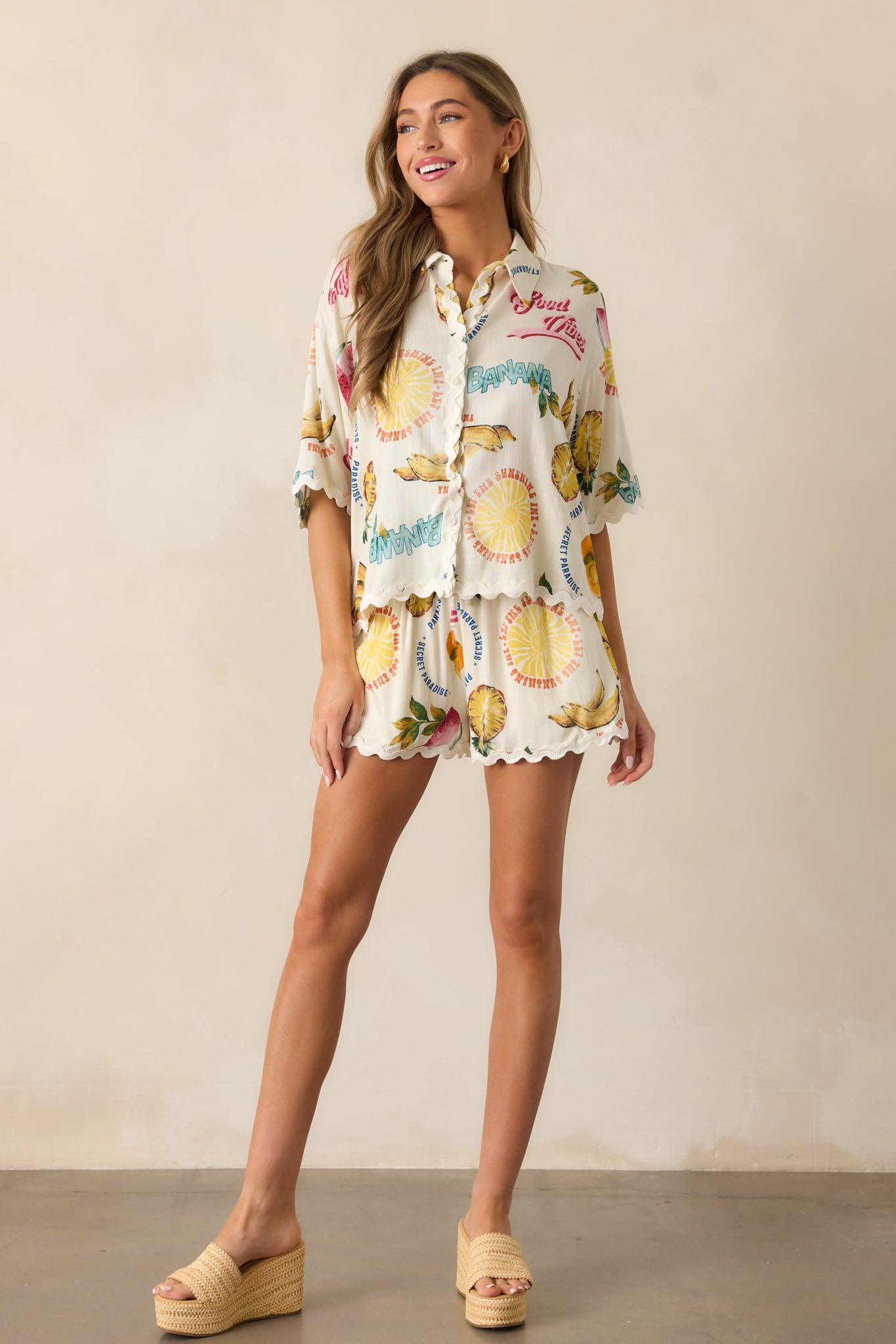 Sunlit Shores Ivory Tropical Fruit Print Shorts