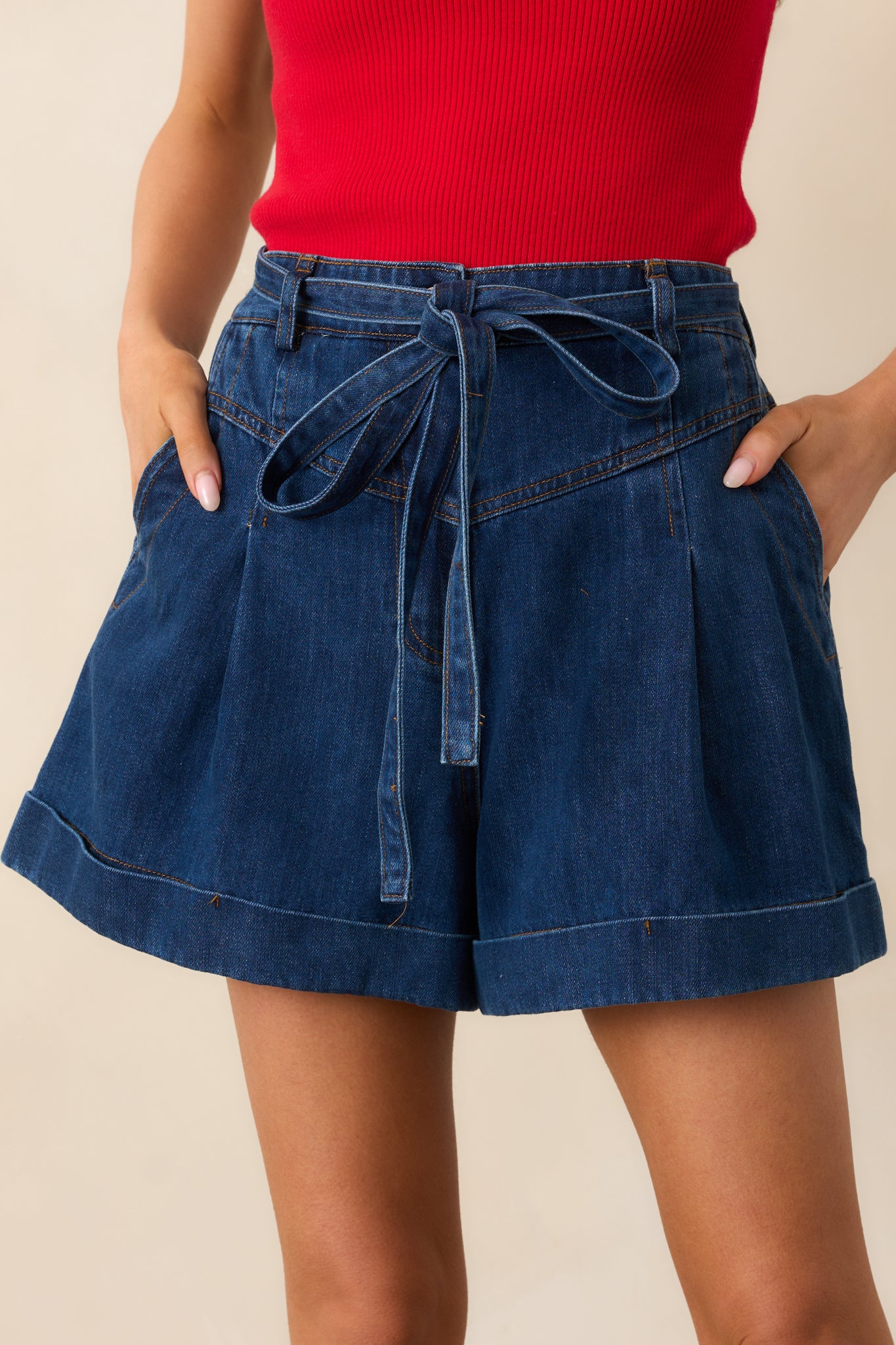 Never Out Of Style Belted Dark Wash Denim Shorts