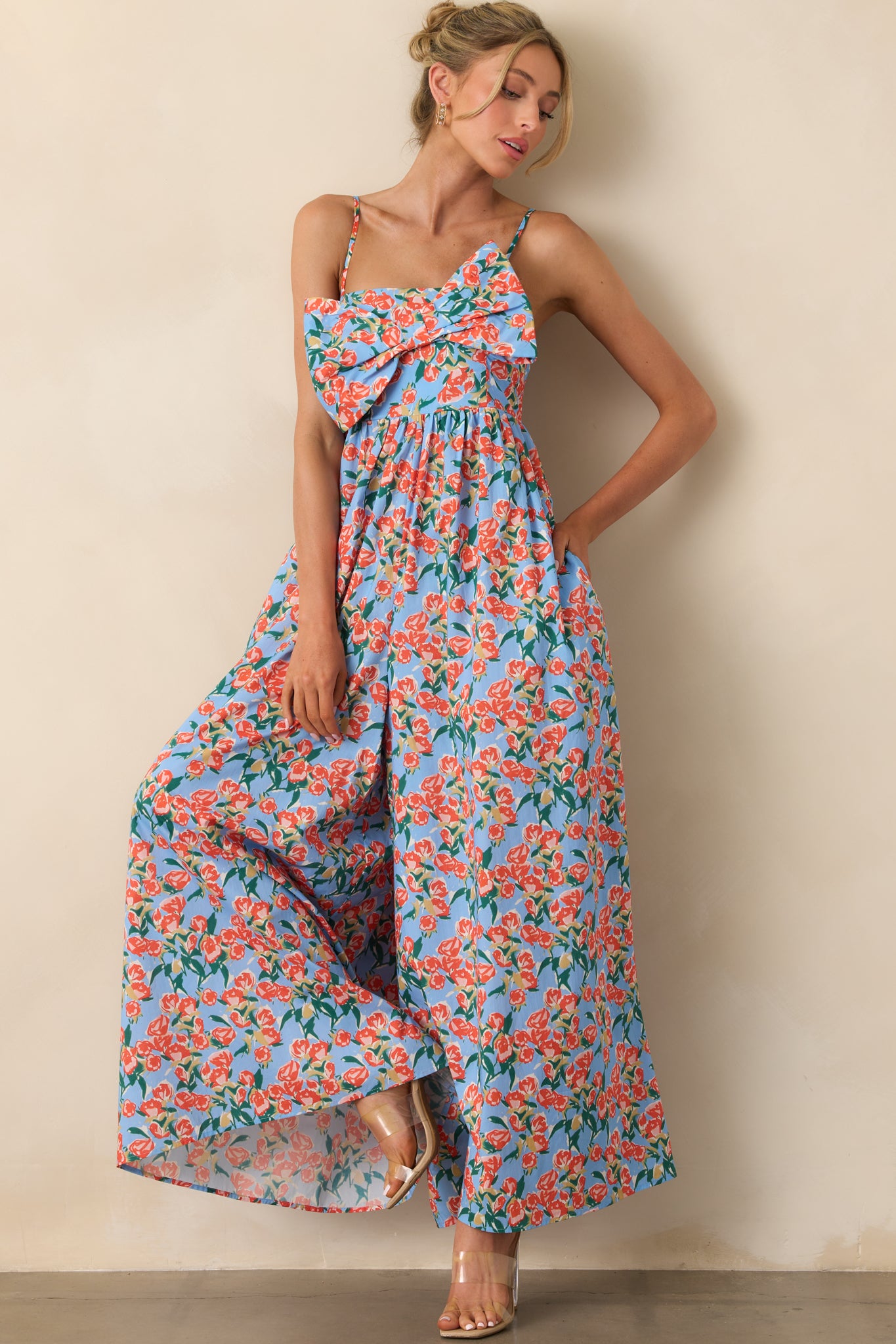 Too Good Not To Go Out Blue Floral Cotton Bow Front Jumpsuit