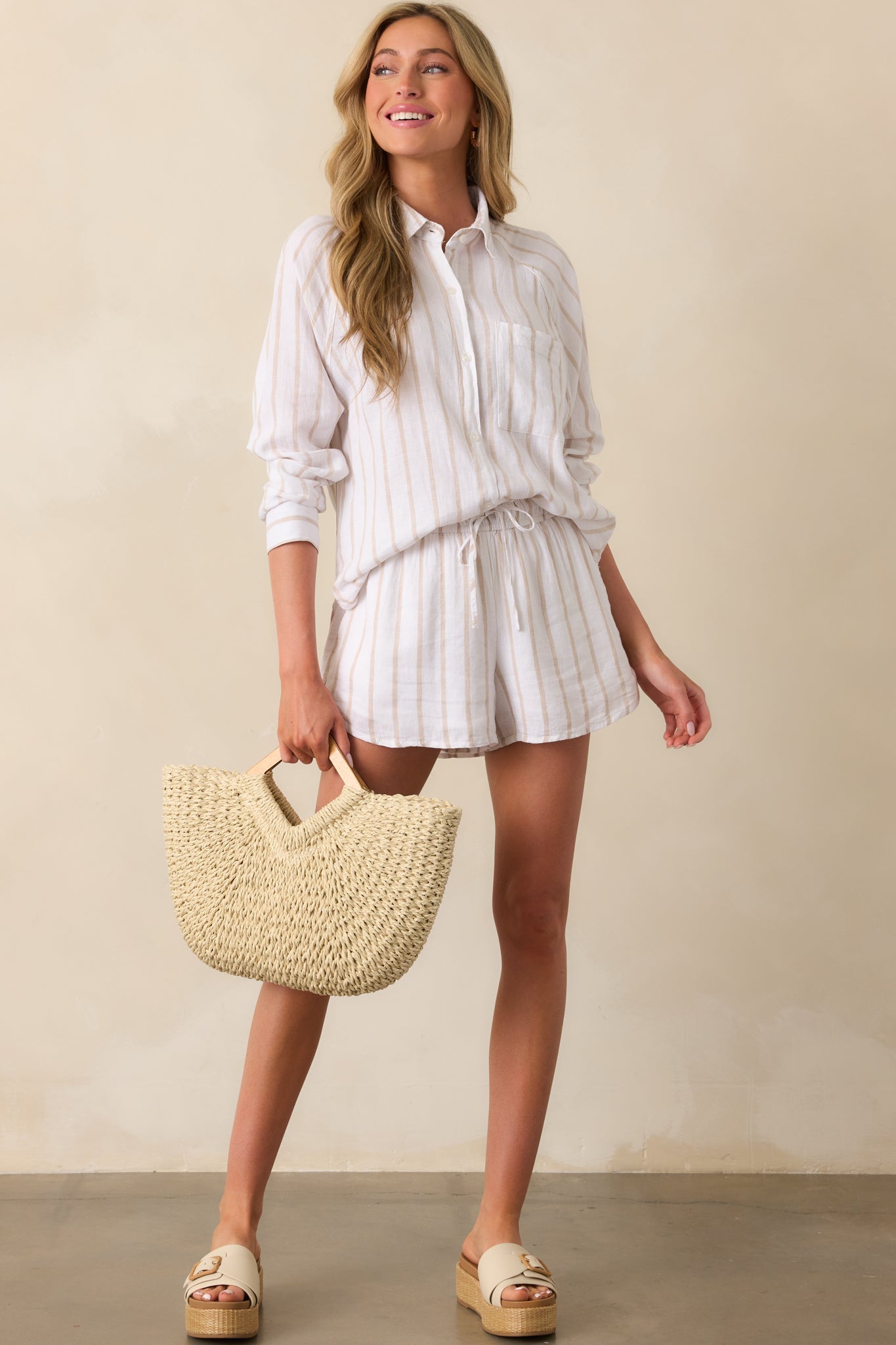 Z Supply Beige Perfect Linen Striped Shorts