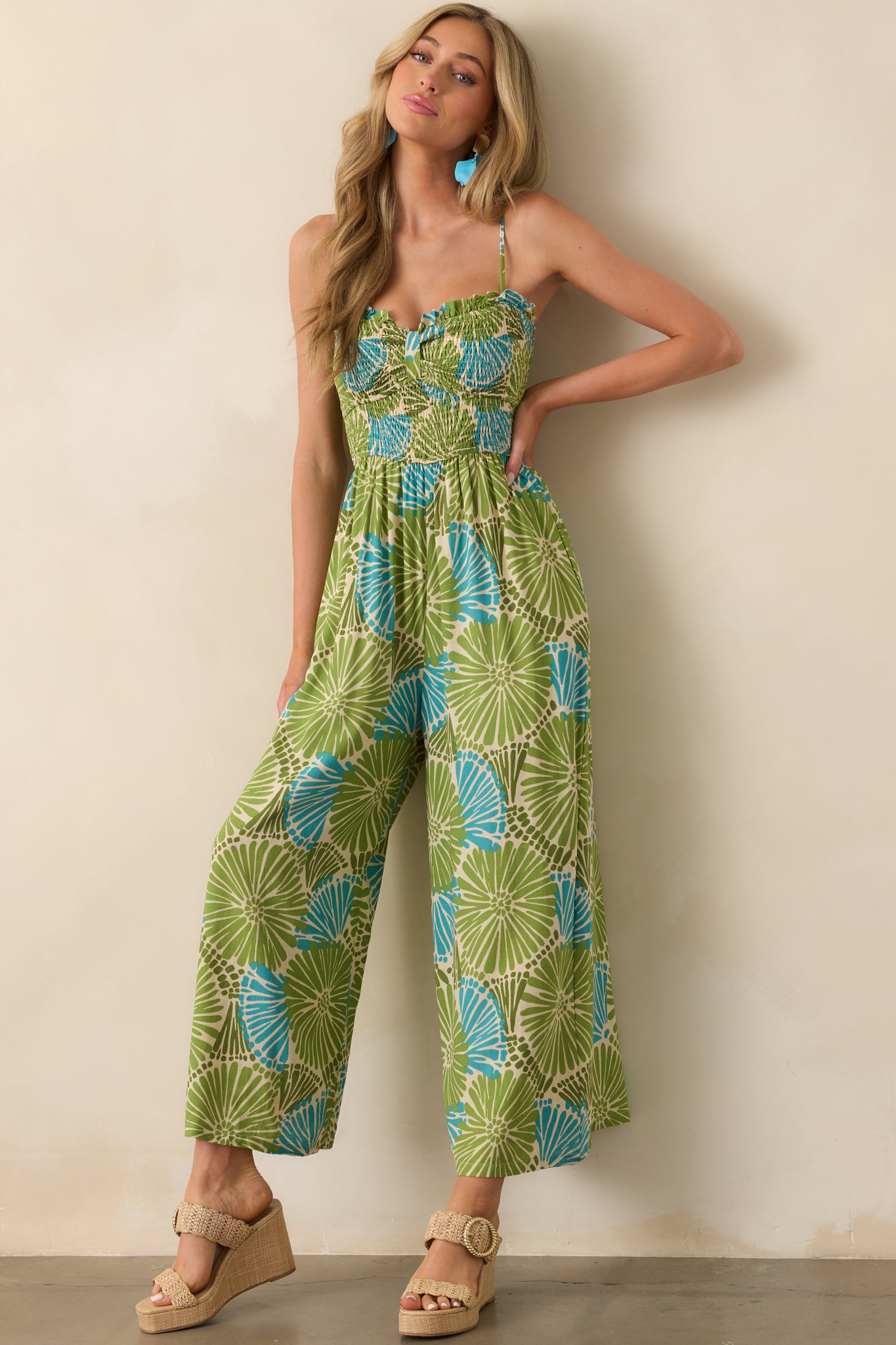 Something Light And Easy Green Floral Linen Blend Jumpsuit