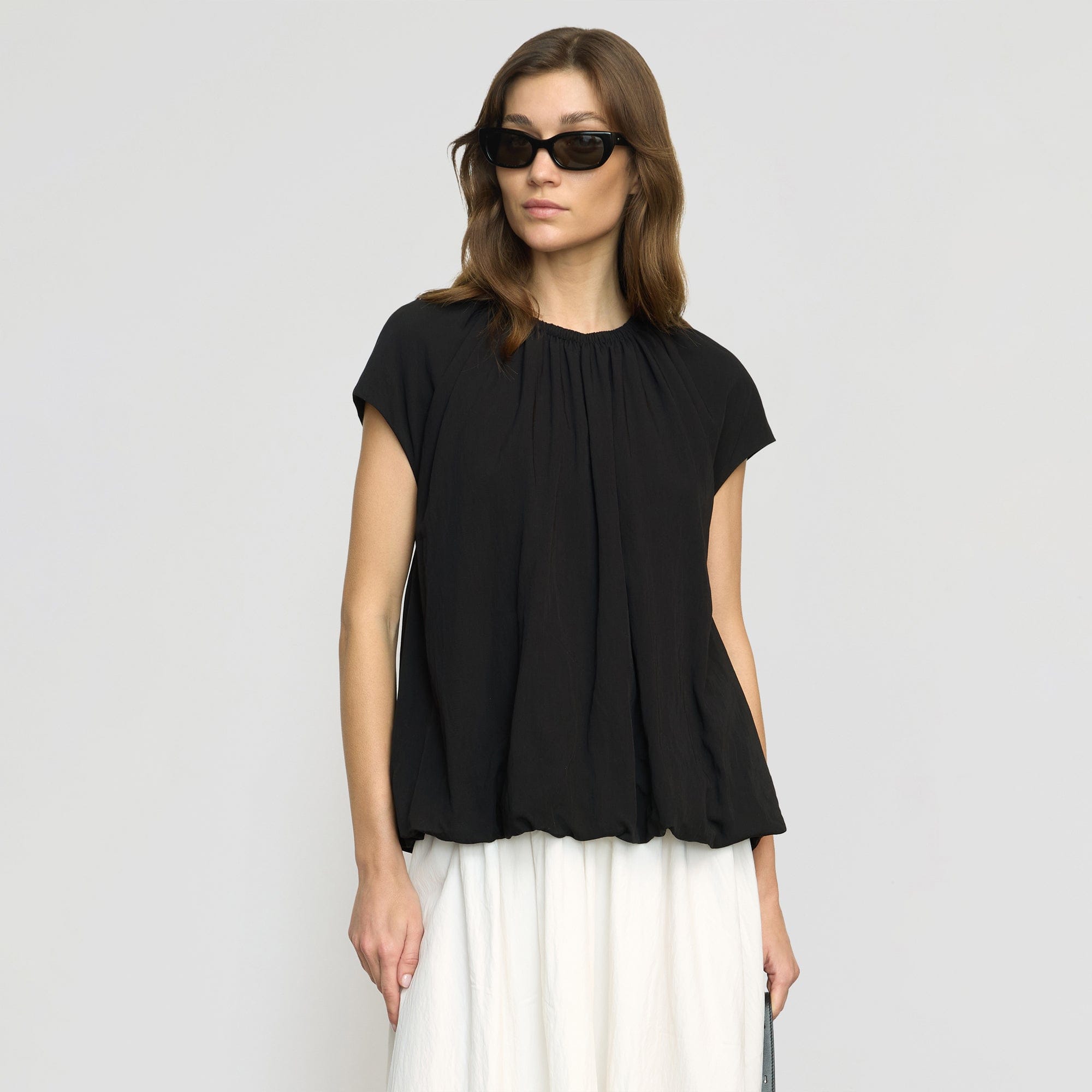 Orinda Shirred-Neck Bubble-Hem Blouse