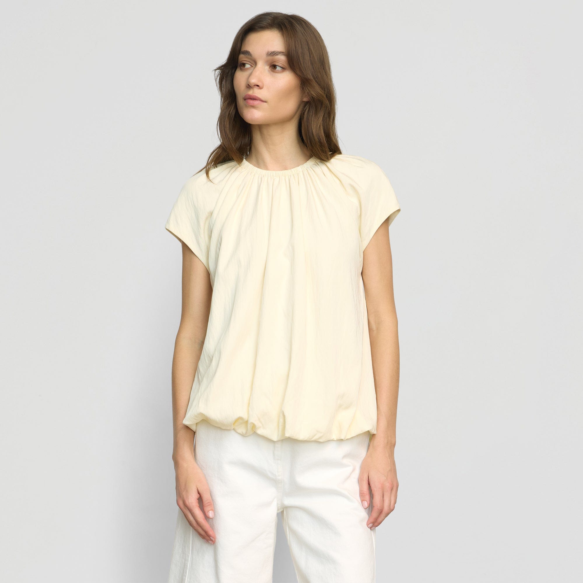 Orinda Shirred-Neck Bubble-Hem Blouse