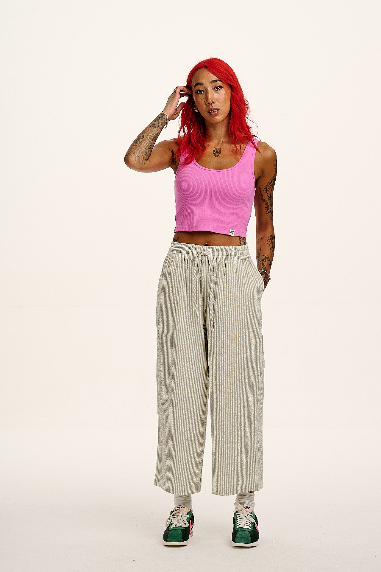 Chuck - Wide Leg Cotton Trousers in Green Stripe